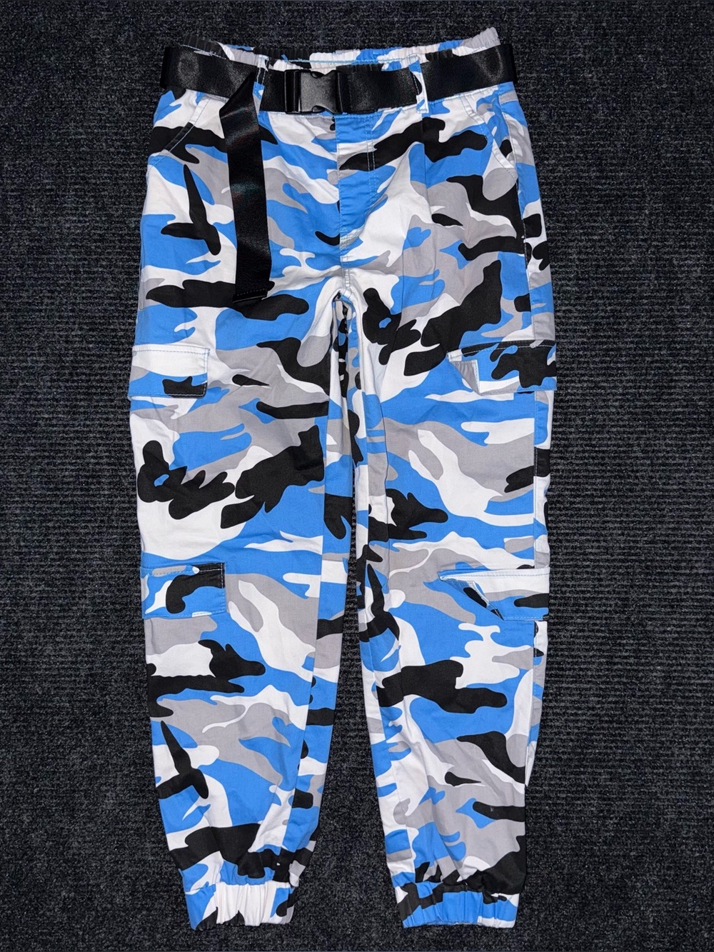 Vintage 90s VIP Blue Camo Jogger Pull On Pants Belted Sz 9/29 Streetwear Hip Hop